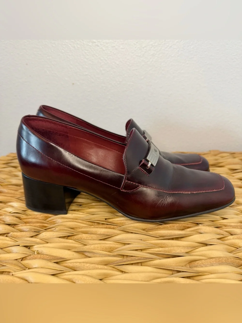 Burgundy Leather Block Heel Women’s Loafers - Lauren Ralph Lauren, Size 7.5
